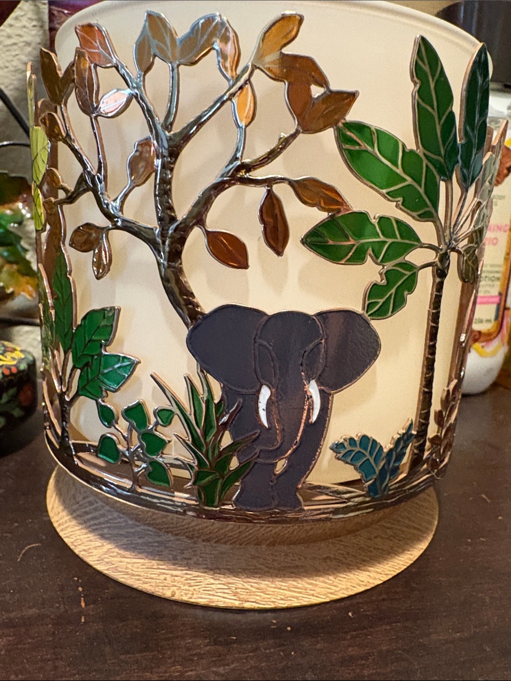 Bath & Body Works Elephant Jungle enameled metal Candle Holder with Wooden Base - Picture 2 of 15